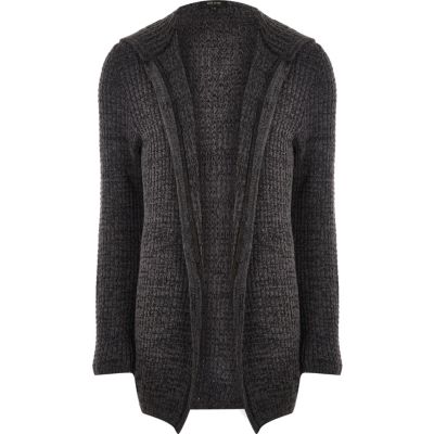 Dark grey knit open hooded longline cardigan